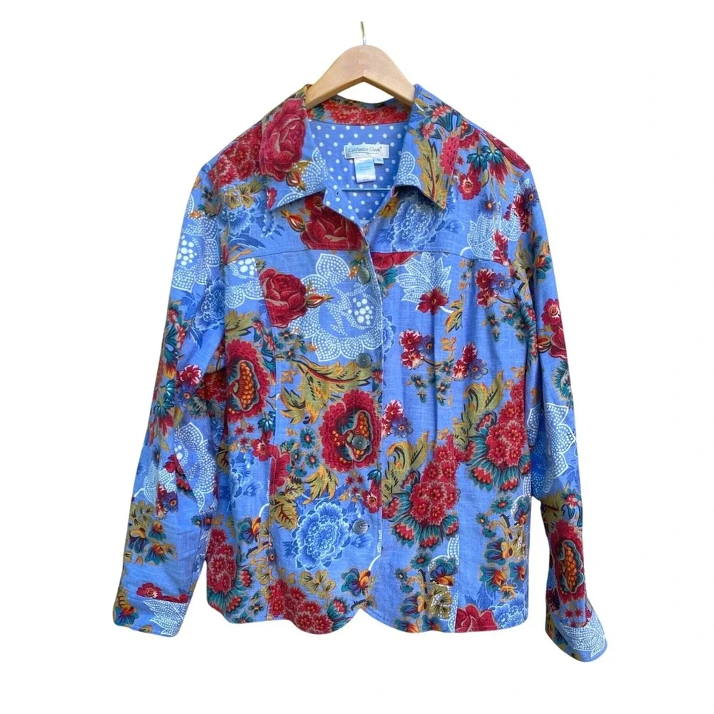 Coldwater Creek Floral Linen Button‎ Jacket 1X Cottage Coastal Grandma Lagenlook